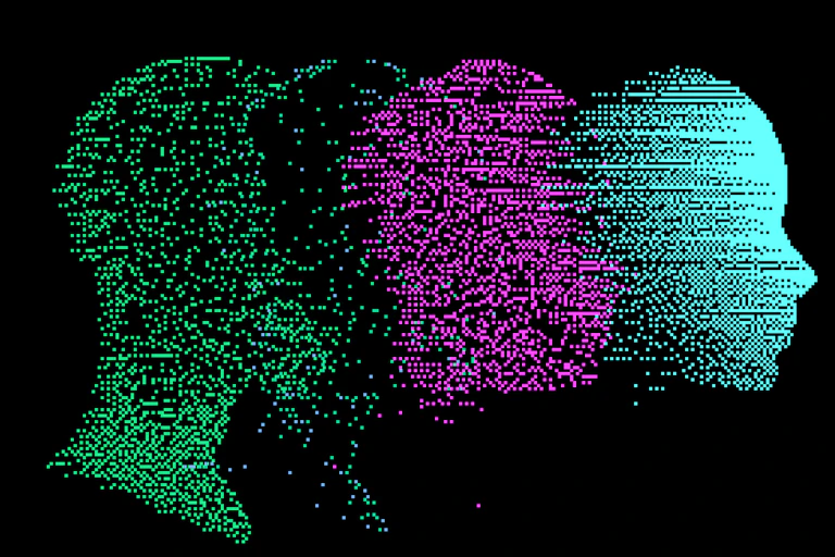Human head with glitched pixels.