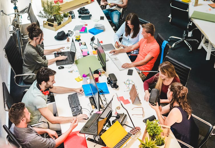 Aerial view of co-working desks