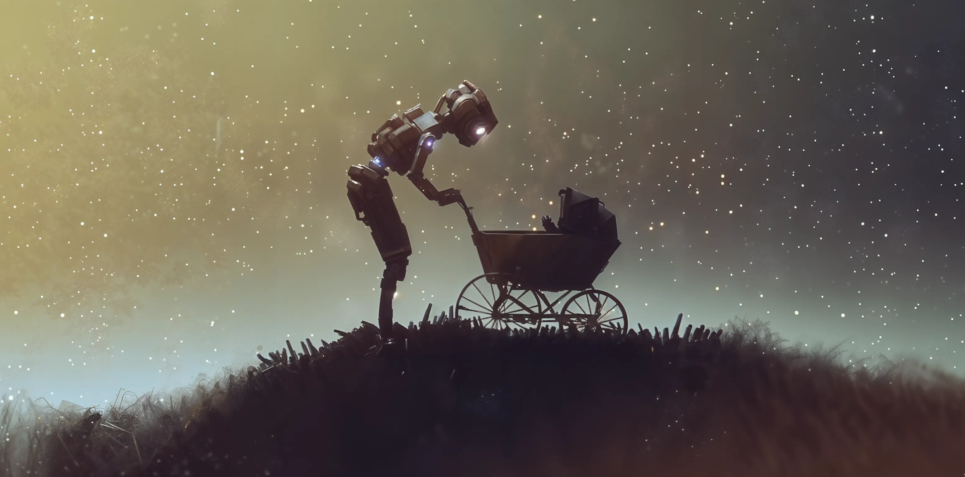 Un robot regarde un berceau sous les étoiles