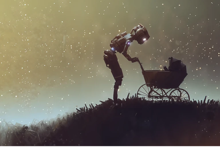 Un robot regarde un berceau sous les étoiles