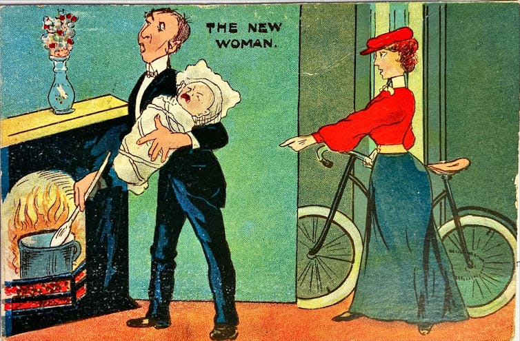 Postcard showing a woman leaving her home with a bicycle while her husband tends to a crying baby