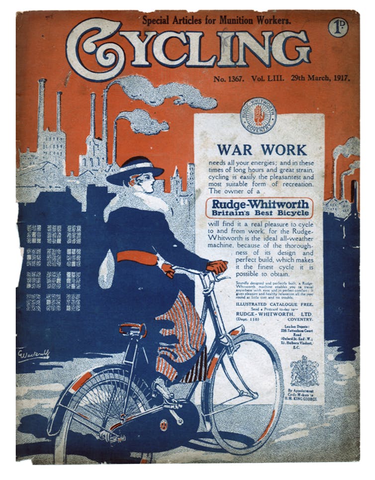 Advert showing a woman cycling to work in a factory