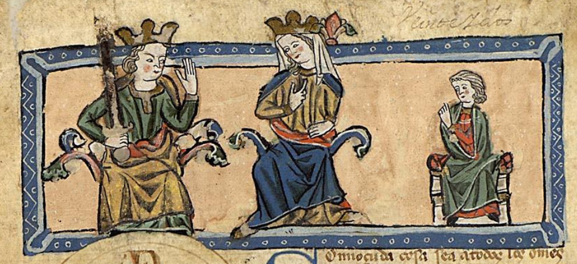 Miniatura del _Tumbo de Toxos Outos_ (c. 1289), representando a Alfonso X de Castilla, Violante de Aragón y Fernando de la Cerda.
