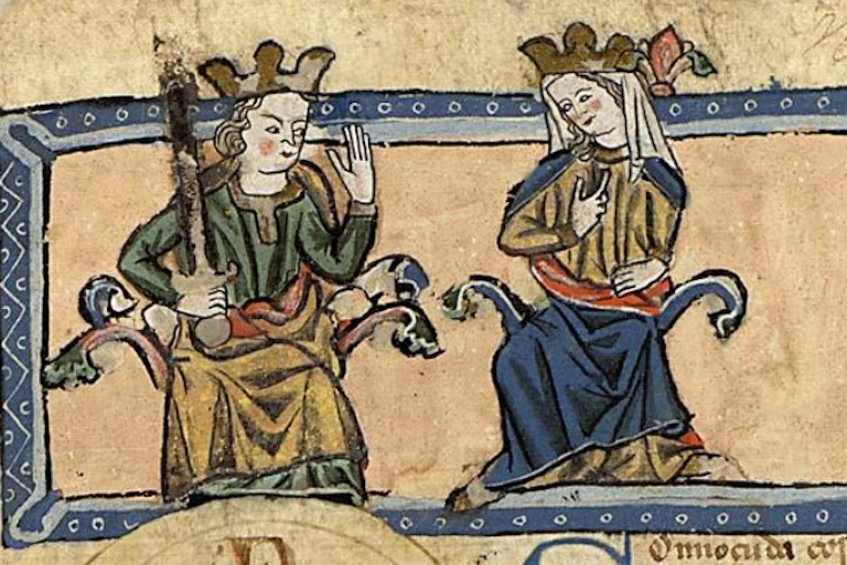 Miniatura del _Tumbo de Toxos Outos_ (c. 1289), representando a Alfonso X de Castilla, Violante de Aragón y Fernando de la Cerda.