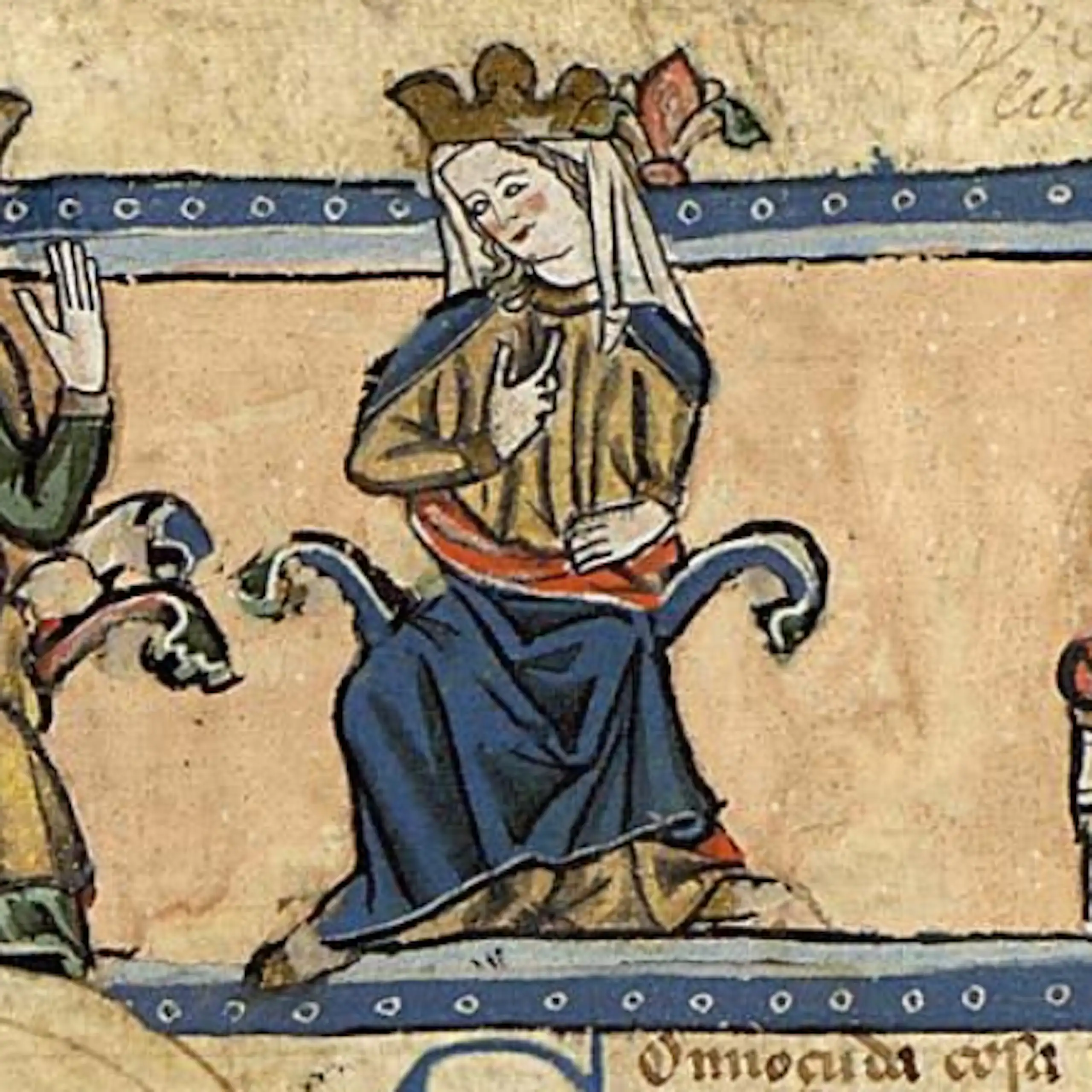 Miniatura del _Tumbo de Toxos Outos_ (c. 1289), representando a Alfonso X de Castilla, Violante de Aragón y Fernando de la Cerda.