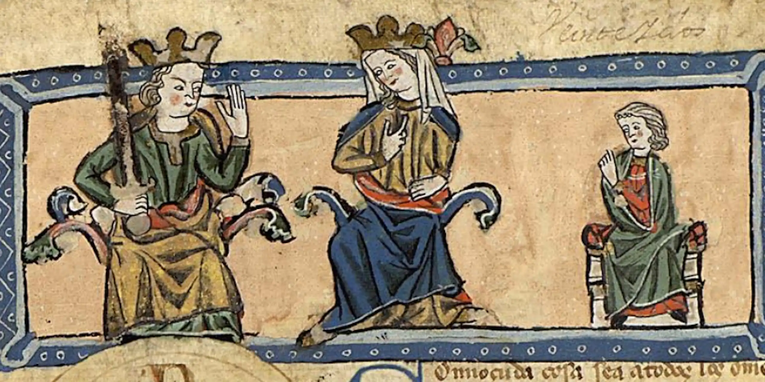 Miniatura del _Tumbo de Toxos Outos_ (c. 1289), representando a Alfonso X de Castilla, Violante de Aragón y Fernando de la Cerda.