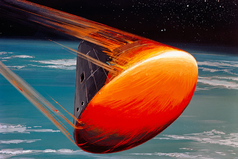 An illustration of a conical spacecraft reentering Earth's atmosphere, with its heat shield lit up.