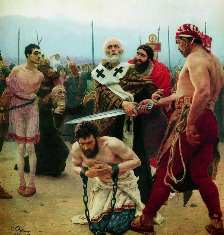 Gambar St Nicholas sedang menyelamatkan tiga laki-laki dari kematian dengan mengambil pedang algojo.