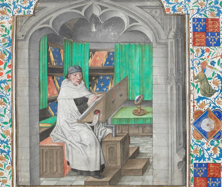 Medieval manuscript image, a man writes at a table.