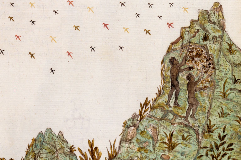 A crude illustration of two dark-skinned people collect shiny material on a mountain, birds in the sky behind them.