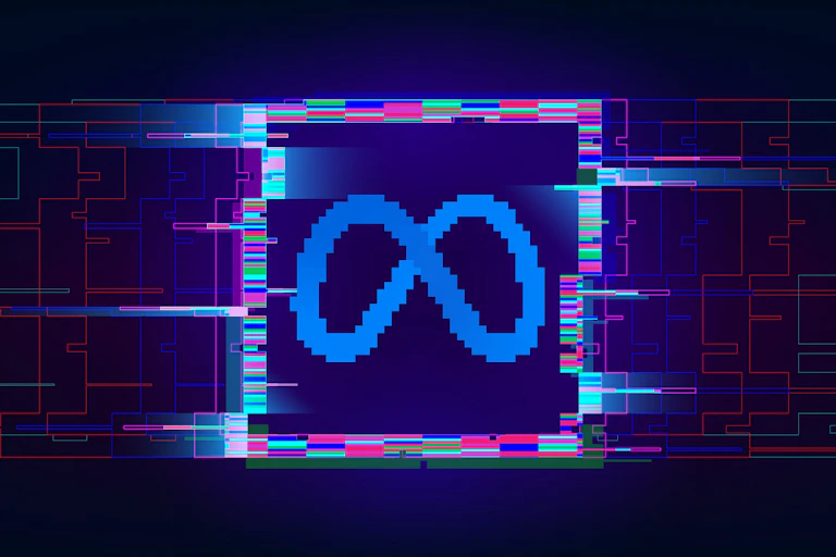 Illustration showing a pixelated, stylised infinity symbol (the Meta logo) in a glitchy looking square against a dark background.