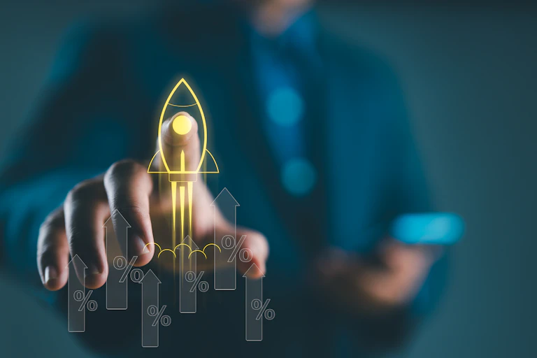 Businessman touch on icons about business and investment, Rocket launch with arrow up percentage, Wealth fast, Graph depicting rising earning, increasing profits exemplifies financial success.