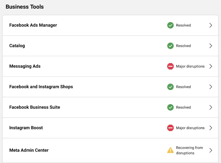 Screenshot of a web page with a list of business tools showing statuses such as 'Major disruption' or 'Resolved'.