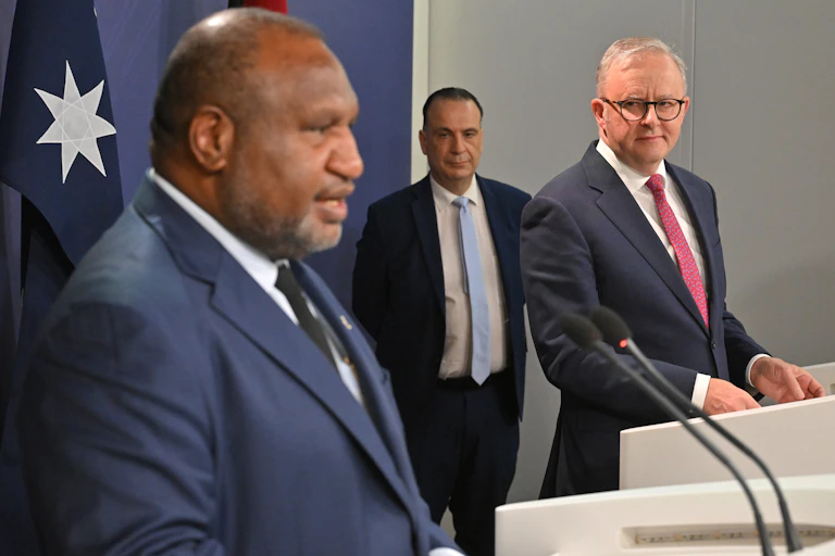 James Marape, Anthony Albanese and Peter V'landys announced the NRL's team in PNG.