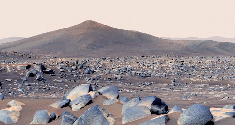 The surface of Mars as seen through images from a robotic rover.