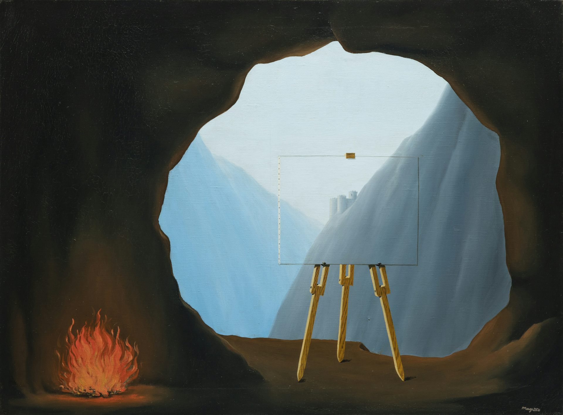 Painting of a painted cavas blending in with the mountainscape behind. The easel is stood in a cave.