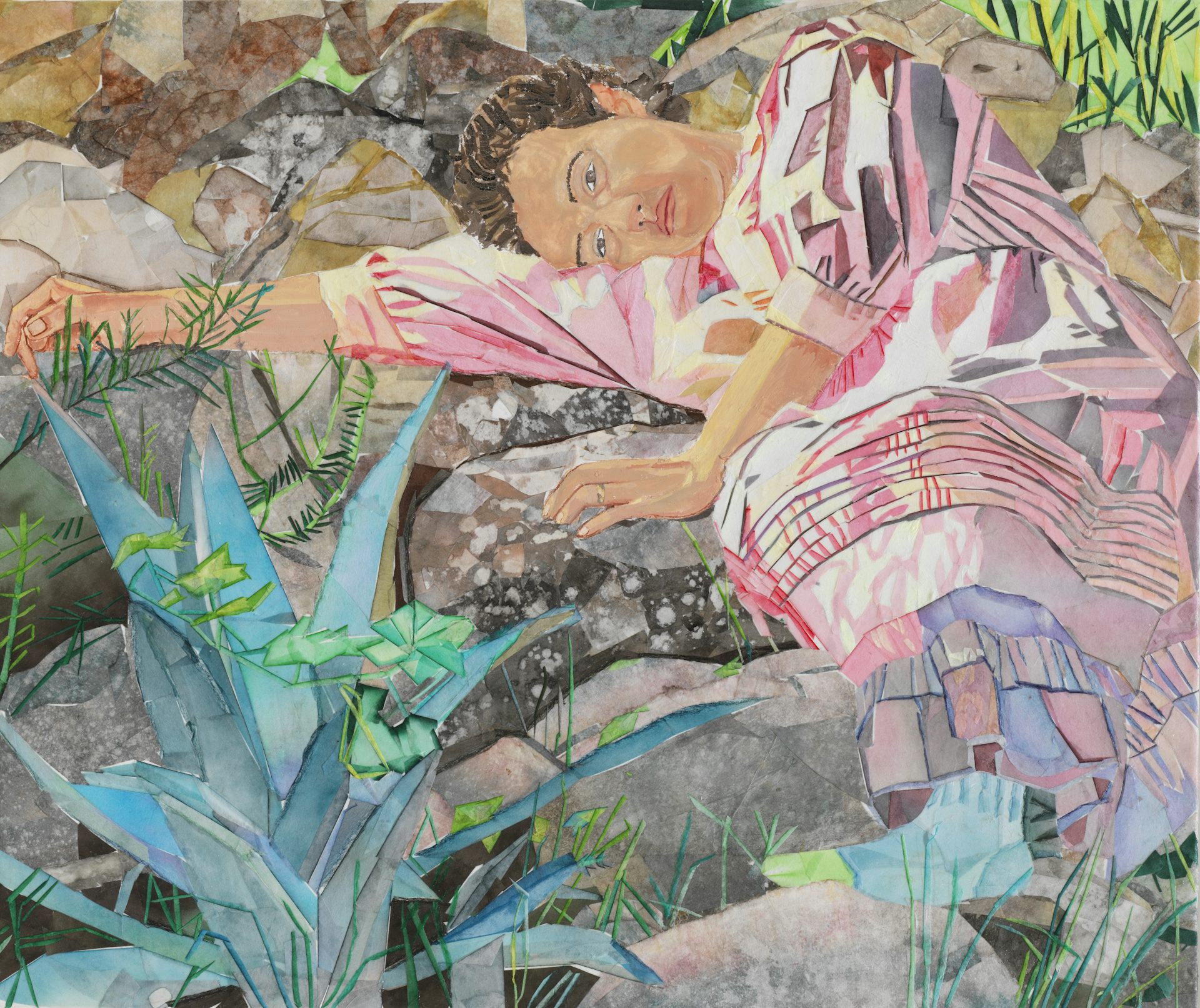 Painting of a person lying on the ground next to an aloe vera plant