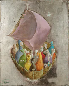 Painting of a boat carrying people in colourful clothes.