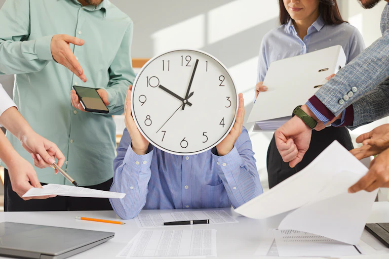 plusieurs personnes avec des vêtements d'employés de bureau,. la tête d'un des personnages est remplacée par une horloge ronde.