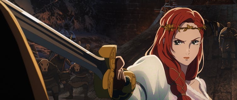 A woman with red hair brandishing a sword.
