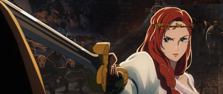 A woman with red hair brandishing a sword.