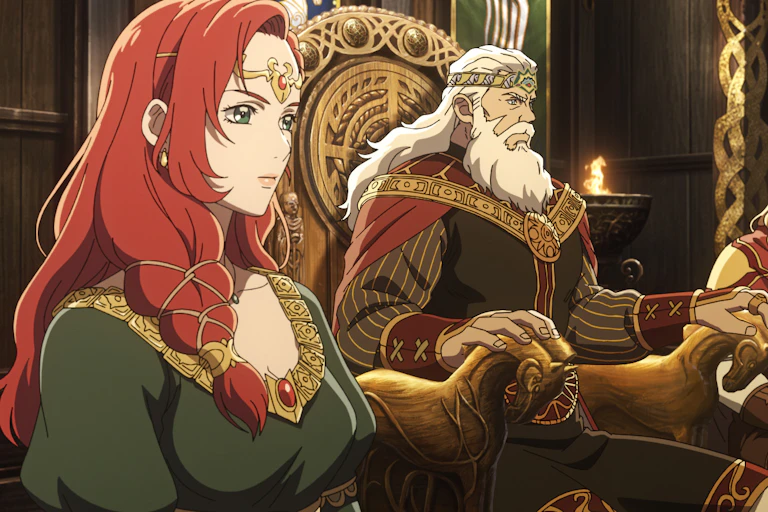 Three medieval men and one woman sit in a throne room.
