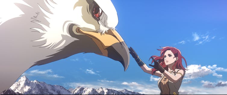 Hera reaching out for a giant bird.