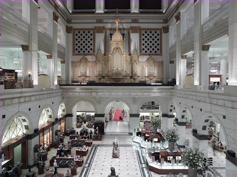 View of historic department store with massive brass organ