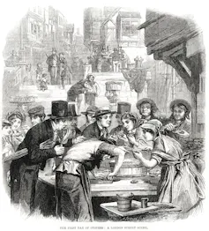 A black and white illustration of a Victorian urban scene.