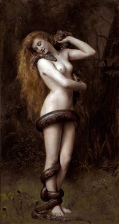 Pintura de una mujer desnuda rodeada de serpientes.
