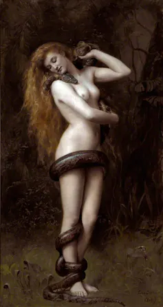 Pintura de una mujer desnuda rodeada de serpientes.