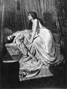 Pintura en blanco y negro de una mujer que yace sobre un hombre inconsciente en una cama.