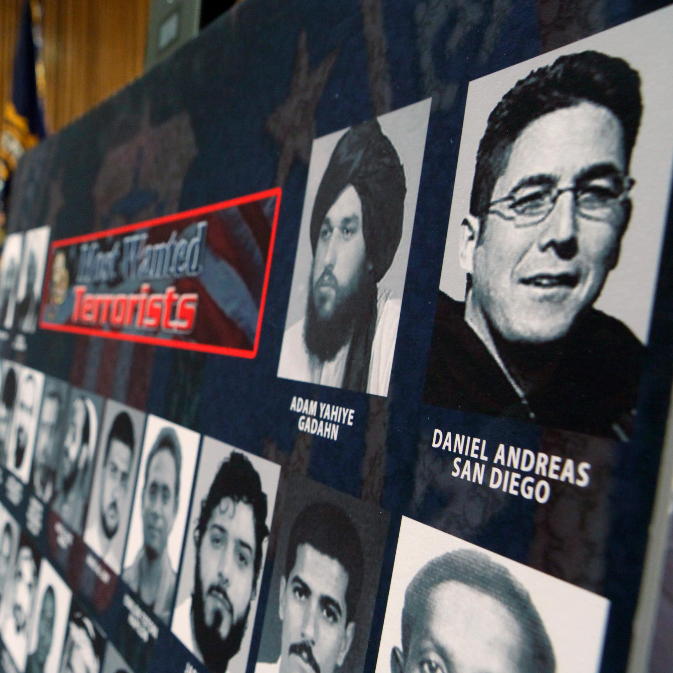A 'Most Wanted Terrorists' poster shown at a press conference.