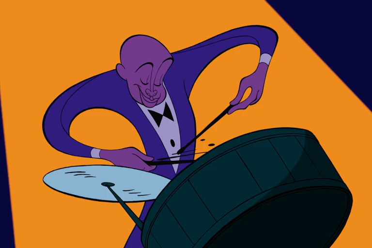 A cartoon man playing drums.