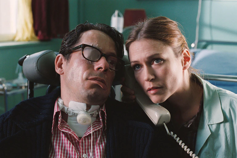 Mathieu Amalric as Jean-Dominique Bauby and Marie-Josee Croze as Henriette Roi (right) in The Diving Bell and the Butterfly