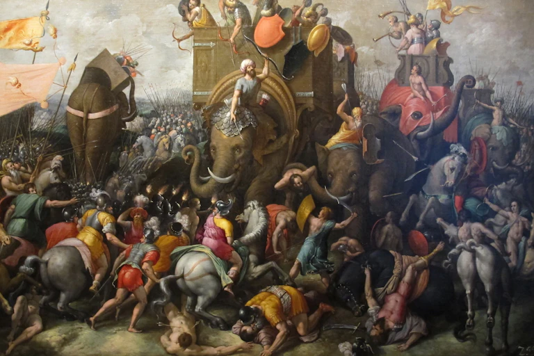 A painting showing a battle with elephants