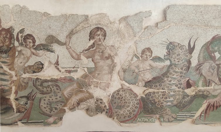 A mosaic showing a woman among sea creatures