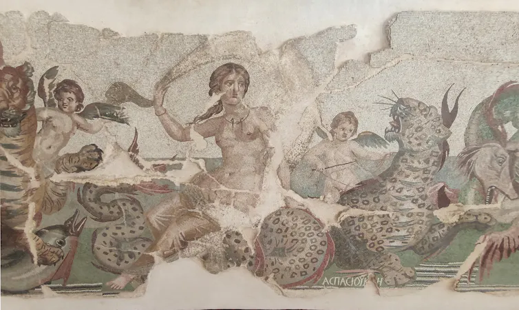 A mosaic showing a woman among sea creatures