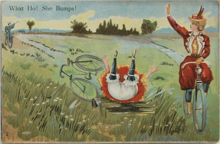 a woman falling from her bicycle.