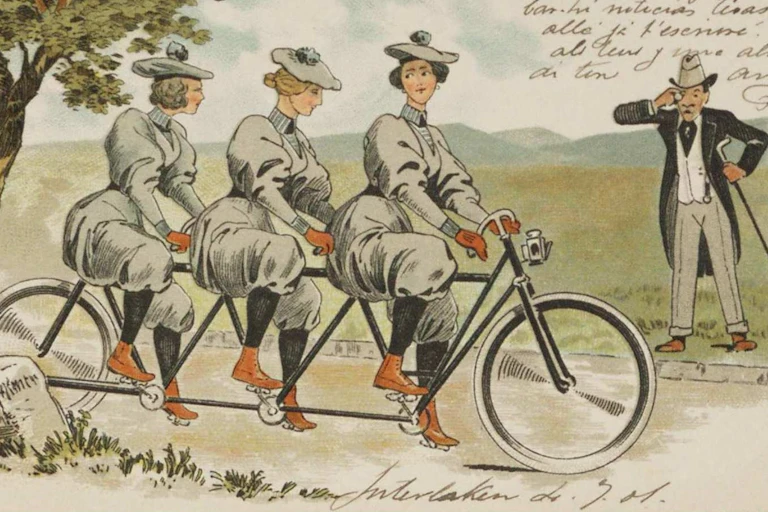 Illustration of three women cycling on a tandem bike