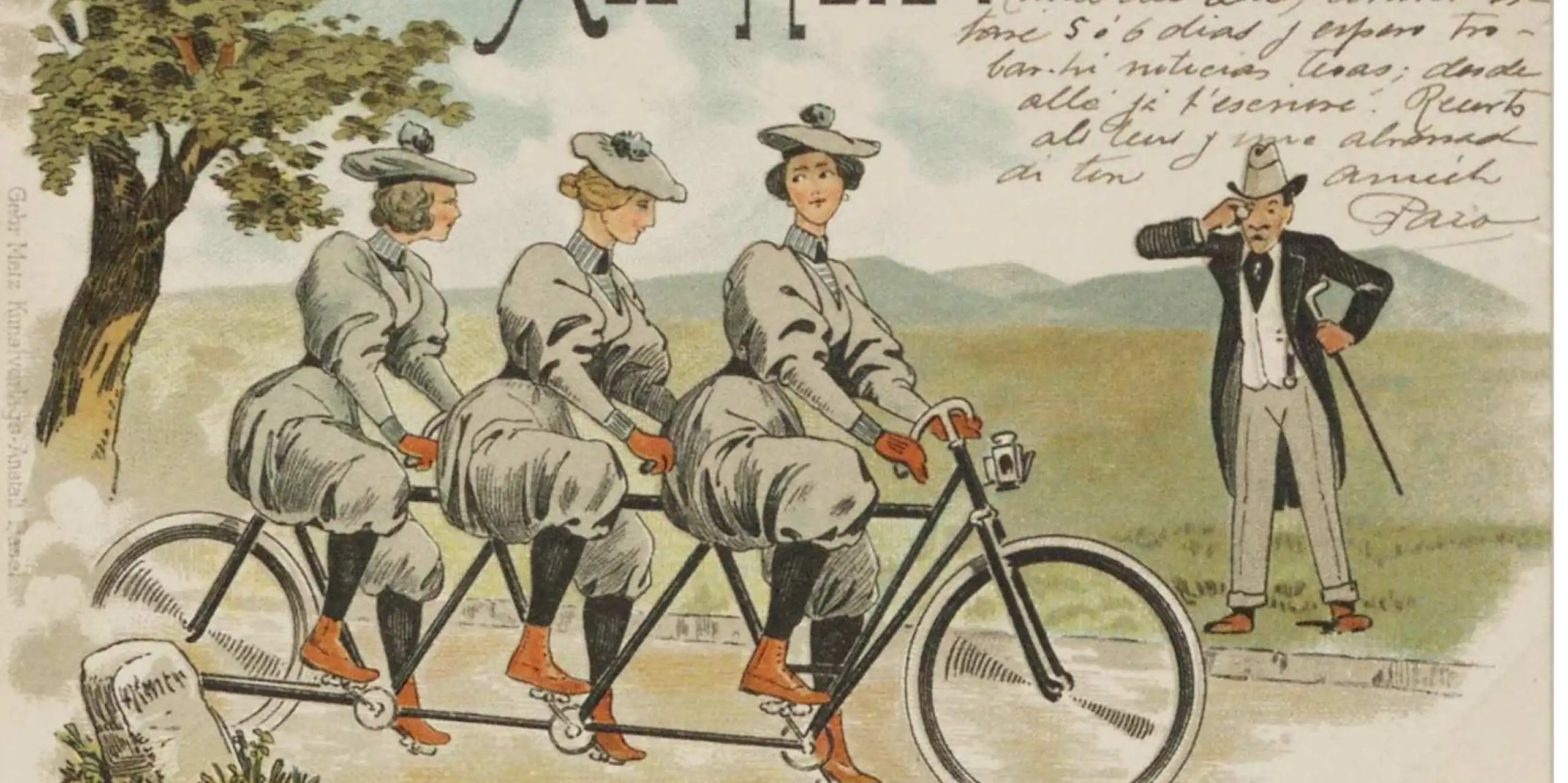 Illustration of three women cycling on a tandem bike
