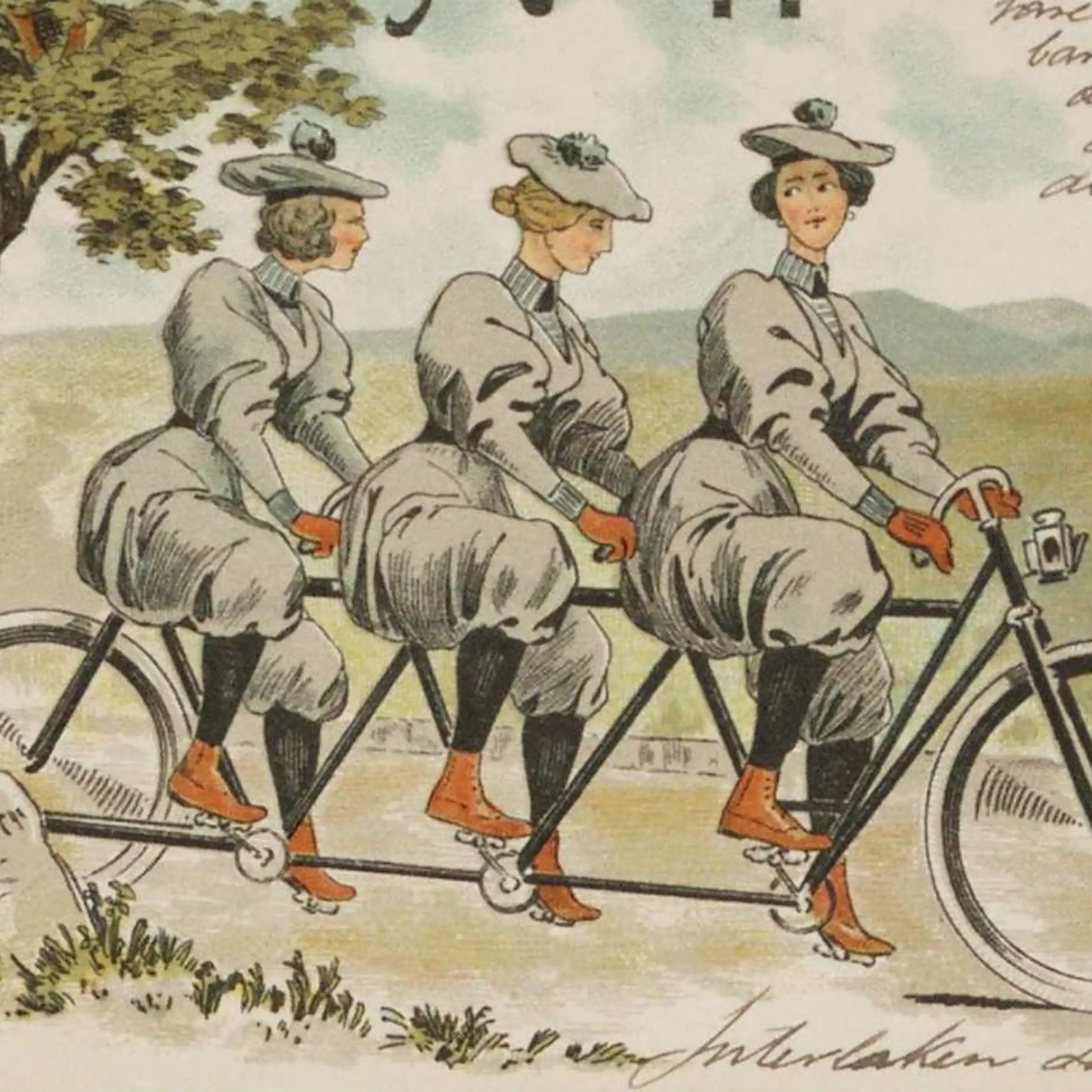 Illustration of three women cycling on a tandem bike
