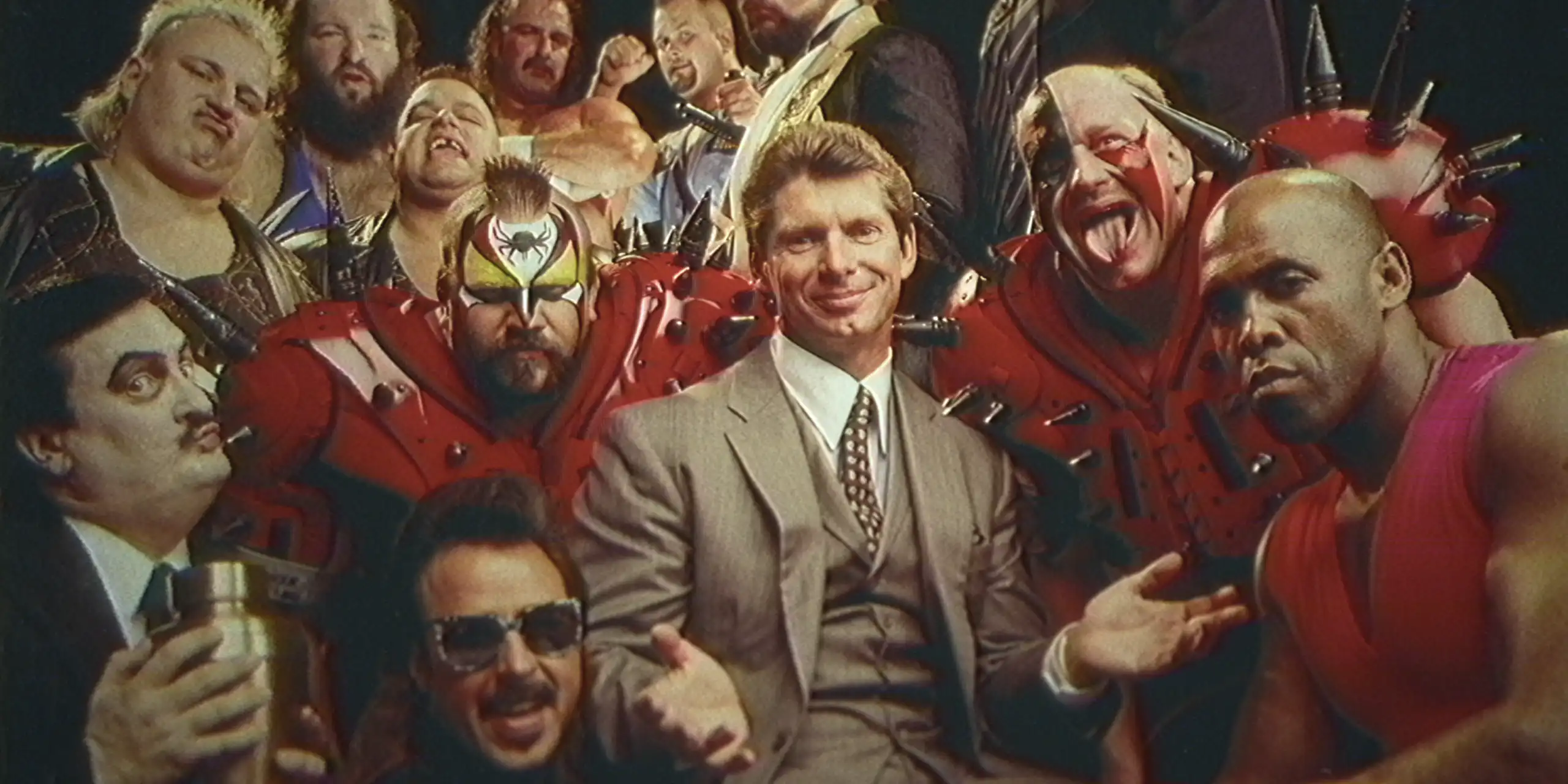 Vince McMahon in a suit surrounded by wrestlers