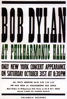 Concert poster reading 'Bob Dylan at Philharmonic Hall.'