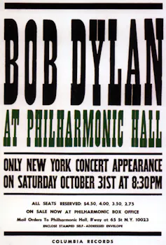 Concert poster reading 'Bob Dylan at Philharmonic Hall.'