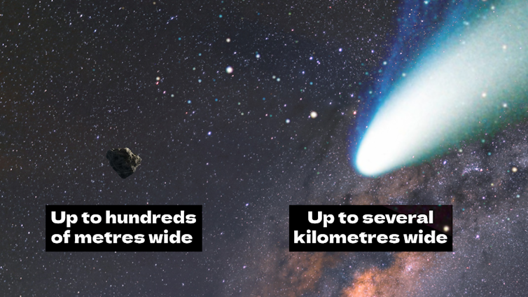 Two objects on a starry background: a small rock on the left, and a larger, brighter object on the right.
