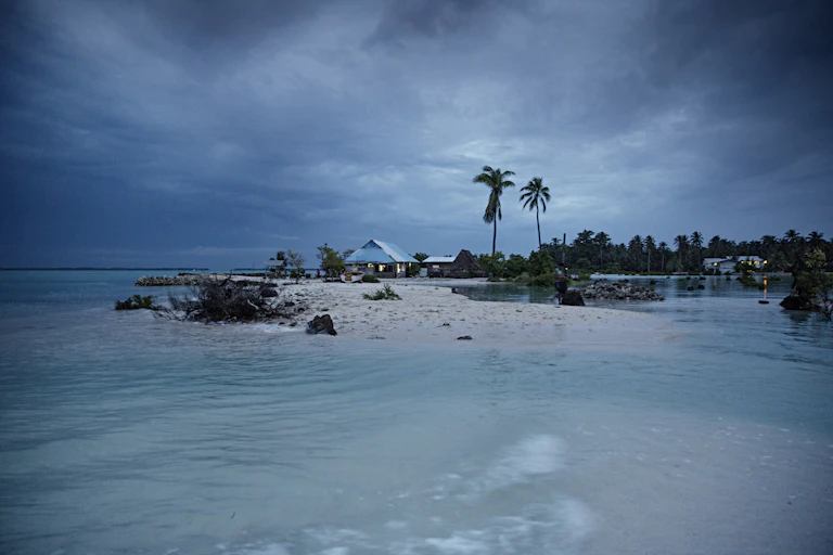 Building on island fringed with palm trees