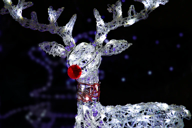 A light up reindeer with a red nose strapped to it.