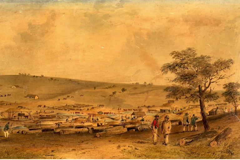 Old painting of a mine site.
