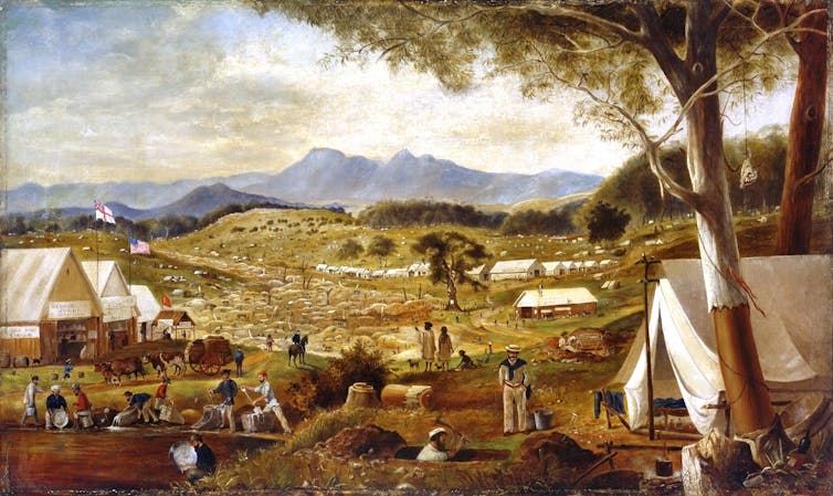 Painting of a 19th-century gold rush village
